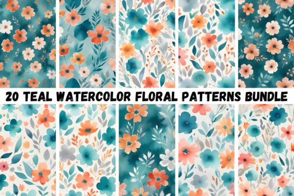 20 Teal Watercolor Floral Patterns