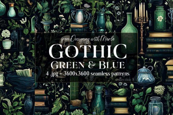 Gothic Green Blue Seamless Patterns 8: A Versatile Asset for Wiccan and Halloween Design