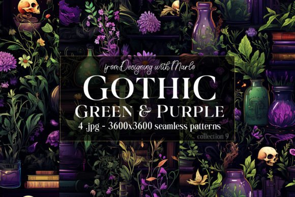 Gothic Green Purple Seamless Patterns 9: A Unique Collection for Gothic and Halloween Magic Creations