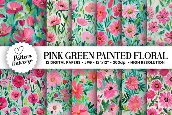 Pink Green Impasto Flowers Patterns